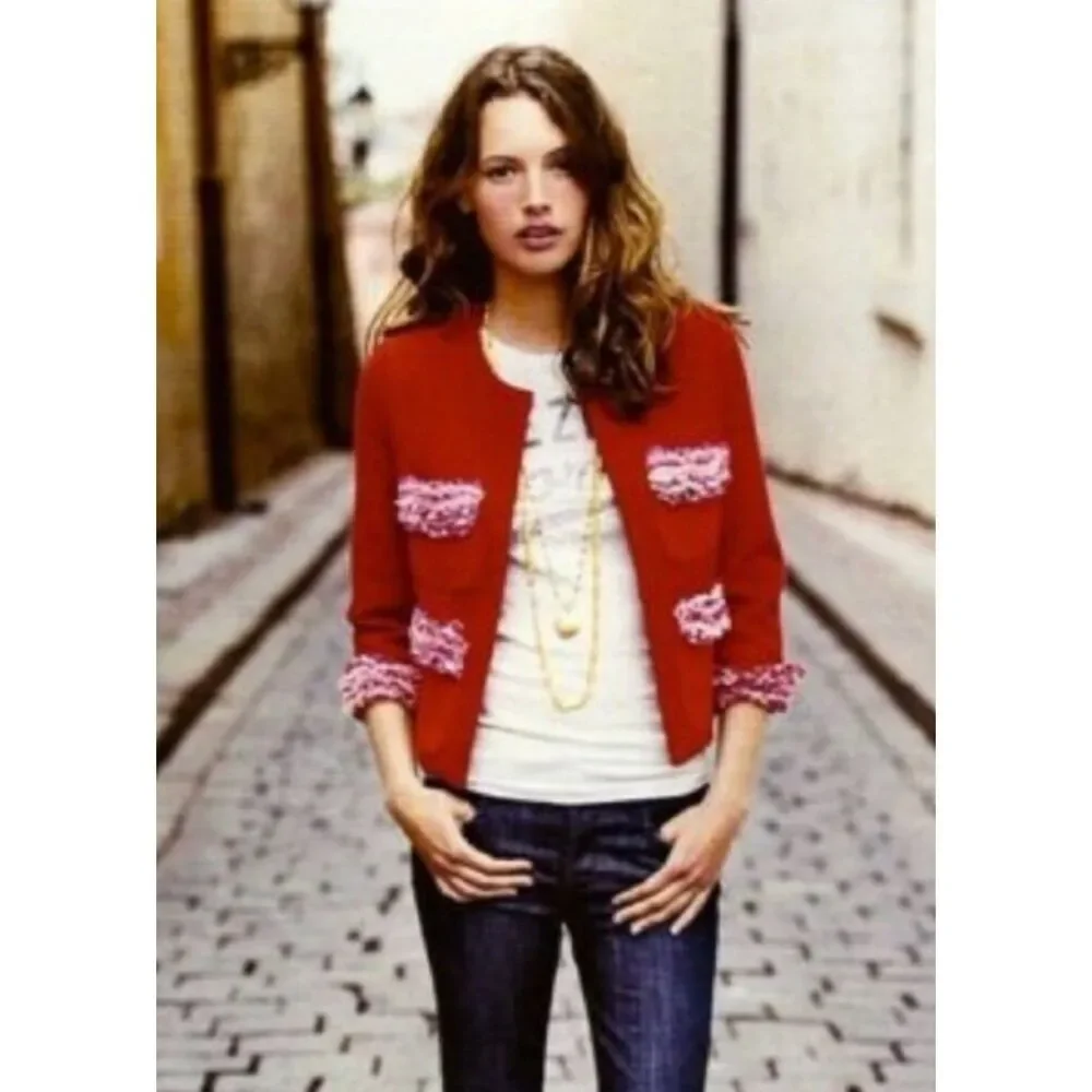 J. CREW Astrid Wool Cropped Lady Blazer, Silk Cotton Trim, Coral Red, Sz 4